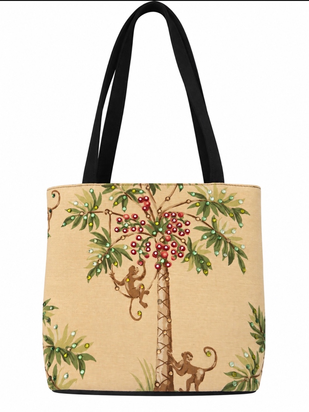 Vintage Beige Tropical Palm & Monkey Embroidered Bejewel Tote Bag Excellent Cond